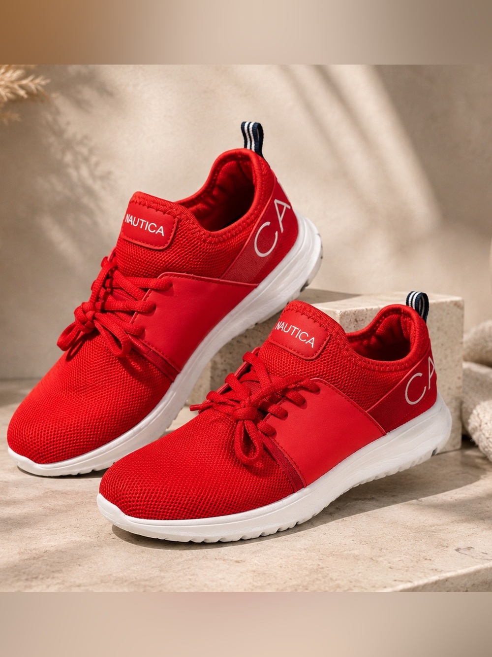 Nautica Women's Red Lace-Up Knit Sneakers with White Sole